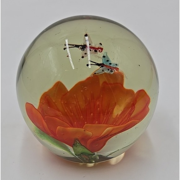 Vintage‎ Hand Blown Art Glass Paperweight Orange Flower & 2 Bumble Bees Bubbles - Picture 5 of 14
